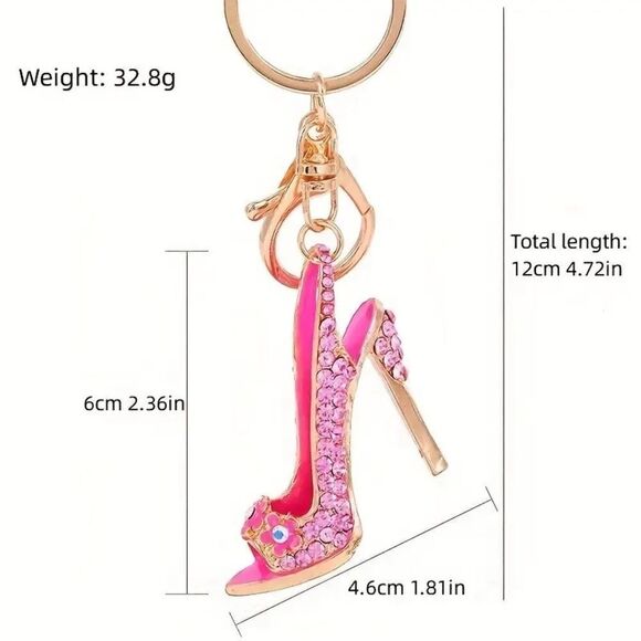 Mini High-Heeled Slingback Shoe Keyring, Bag Charm Rhinestone Decor Metal - Picture 2 of 3